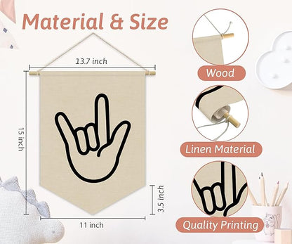 Kids Room Decor, Boy Nursery Linen Canvas Banner, I Love You Hand Sign Neutral Wall Hanging Pennant Flag Banner for Boys Kids Toddler Room Bedroom Playroom Decor, 15x11in