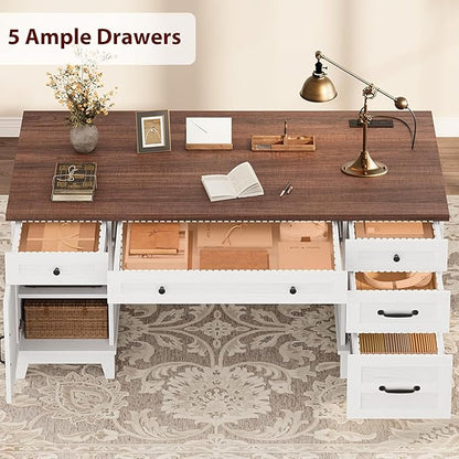 60 Inch Farmhouse Executive Desk with File Drawers for Home Office, Large Computer Desk with Storage Cabinet & Charging Station, Wooden Writing Table with Power Outlets & USB Ports for Work Study