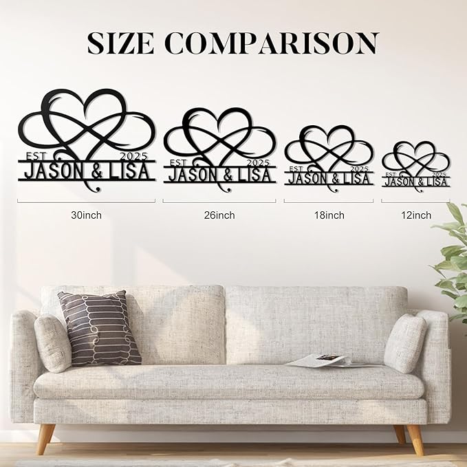Custom Metal Infinity Heart Name Sign - Custom Sign Monogram with EST Date - Romantic Wedding, Anniversary, Engagement, Newlywed Gift - Rustic Metal Wall Art Decor, Bedroom, Home Decor