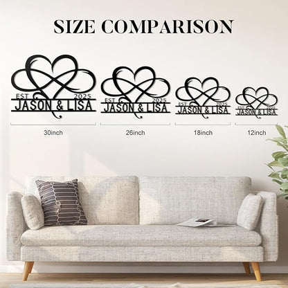 Custom Metal Infinity Heart Name Sign - Custom Sign Monogram with EST Date - Romantic Wedding, Anniversary, Engagement, Newlywed Gift - Rustic Metal Wall Art Decor, Bedroom, Home Decor
