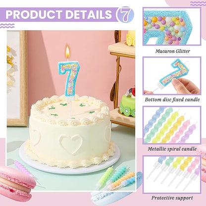 MTLEE Number 7 Birthday Candle Macaron Glitter 3D Number Candle with 12 Pcs Rainbow Spiral Candles in Holders for Girl Boy Cake Topper Wedding Anniversary Pastel Sweet Theme Party Decoration