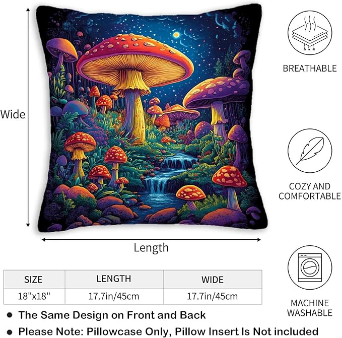 Mushroom Throw Pillow Covers Set of 2,18x18 Inches, Cushion Cases for Couch and Sofa, Zipper Closure, Vintage Home Decor for Living Room and Bed Room
