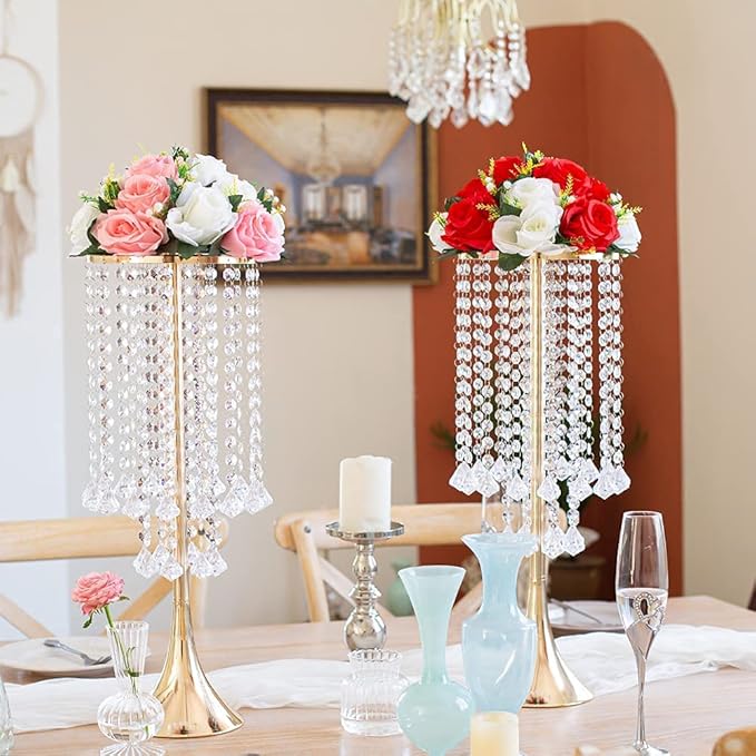 Set of 10pcs Crystal Flower Stand Gold Centerpieces Tall Metal Flower Arrangement Vase for Wedding Party Dinner Event Hotel Home Decor