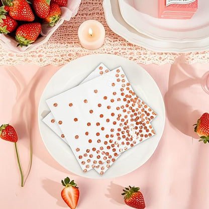 100 Pcs Unfold Size 13x13 Inch Disposable White Rose Gold Dot Paper Napkins