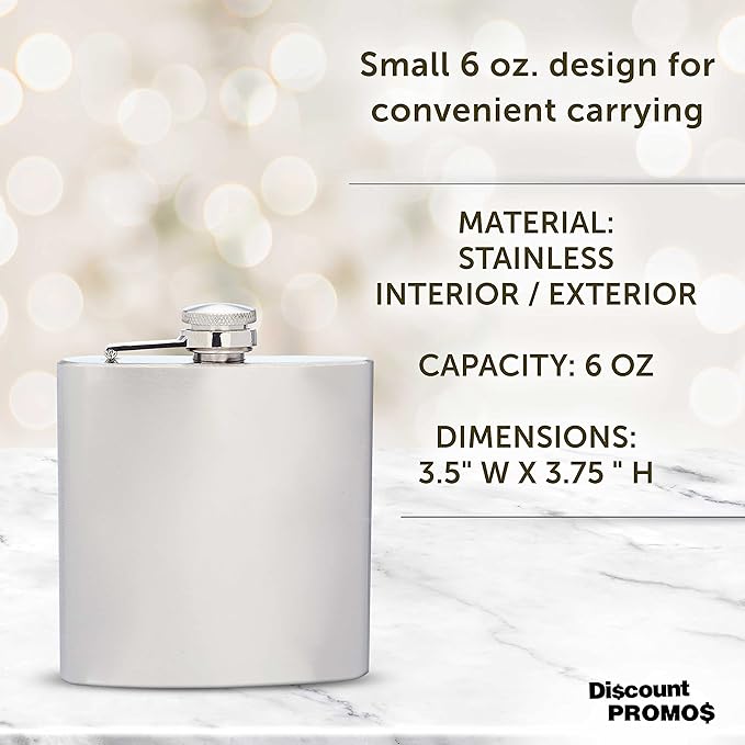 Murano Stainless Steel Hip Flasks 6 oz. Set of 10, Bulk Pack - Screw on Cap, Great for Wedding Party Gifts, Groomsmen Gifts, Outdoor Activities - Silver