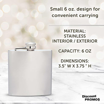 Murano Stainless Steel Hip Flasks 6 oz. Set of 10, Bulk Pack - Screw on Cap, Great for Wedding Party Gifts, Groomsmen Gifts, Outdoor Activities - Silver
