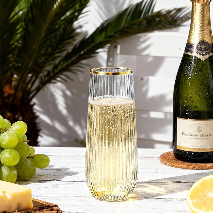 Goodluck 24pack Clear Stemless Plastic Champagne Flutes with Gold Rim，9oz Ribbed Stemless Toasting Glasses，Champagne Flutes Plastic for Weddings, Bars, Events, Party And Celebrations