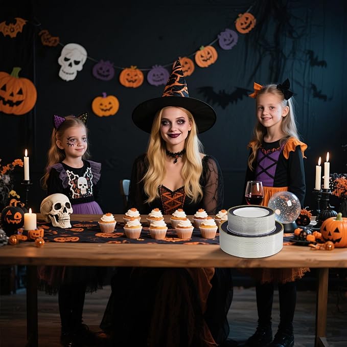 100PCS Halloween Plastic Plates Disposable Heavy Duty Include 50PCS 10.25inch Dinner Plates and 50PCS 7.5inch Dessert Plates Dinnerware for Halloween Party Wedding New Year,Dark Blue