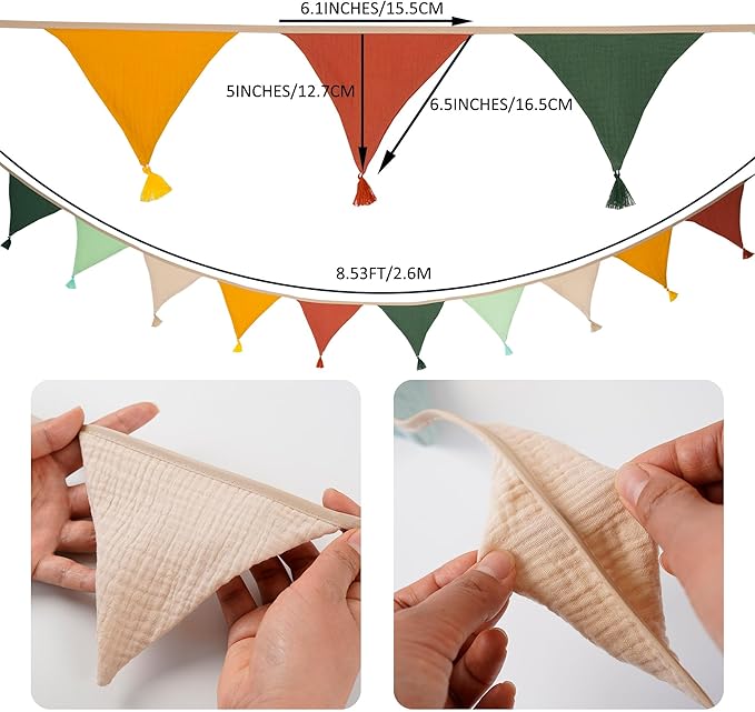 Fabric Bunting Banner, 2 Pack Handmade Neutral String Banner with Tassel Each 8.5 ft 10 Flags Nursery Wall Hanging Wedding Birthday Home Baby Shower Party Decoration Bunting