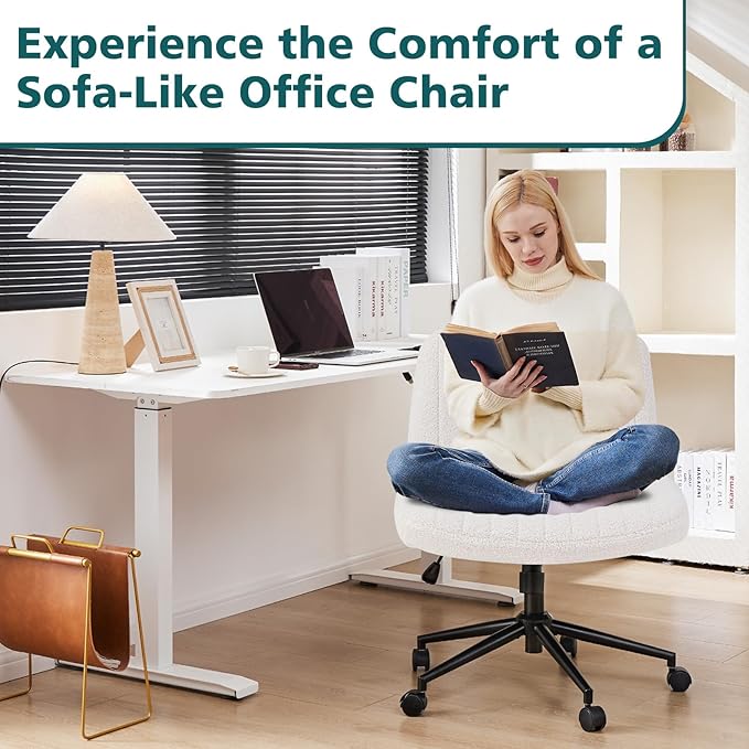 OLIXIS Criss Cross Chair with Wheels Wide Cross Legged Office Desk Vanity Chair Comfy Fabric Armless Adjustable Swivel for Home Computer Task Teddy Beige
