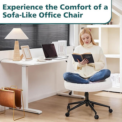 OLIXIS Criss Cross Chair with Wheels Wide Cross Legged Office Desk Vanity Chair Comfy Fabric Armless Adjustable Swivel for Home Computer Task Teddy Beige