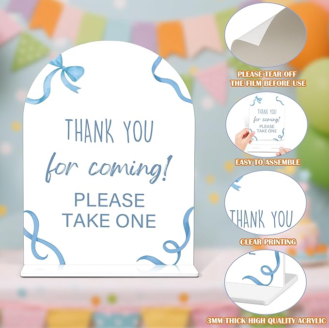 Thank You For Coming Sign - Blue Bow Baby Shower Sign, 1 Pack Arch Acrylic Sign with Stand, Gender Reveal Party Table Decor, Blue Baby Shower Supplies (SP13)
