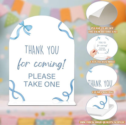 Thank You For Coming Sign - Blue Bow Baby Shower Sign, 1 Pack Arch Acrylic Sign with Stand, Gender Reveal Party Table Decor, Blue Baby Shower Supplies (SP13)