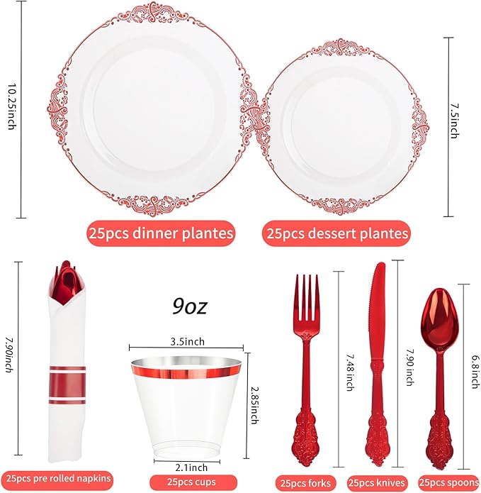 Hioasis 175pcs Clear Red Plastic Plates - Elegant Disposable Dinnerware Set Suitable for 25 Guests Include 10.25" Dinner & 7.5" Dessert Plates, Pre Rolled Silverware Set, Cups for Party & Christmas