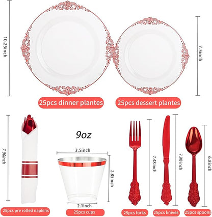 Hioasis 175pcs Clear Red Plastic Plates - Elegant Disposable Dinnerware Set Suitable for 25 Guests Include 10.25" Dinner & 7.5" Dessert Plates, Pre Rolled Silverware Set, Cups for Party & Christmas