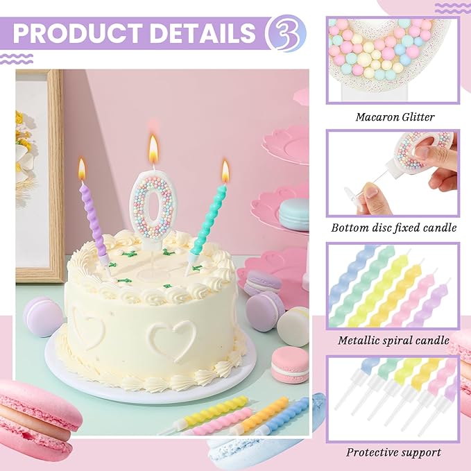 MTLEE Number 0 Birthday Candle with 12 Pcs Spiral Candles for Girls Macaron Pastel Rainbow Unicorn Pink Cake Topper for Sweet Theme Party Decoration