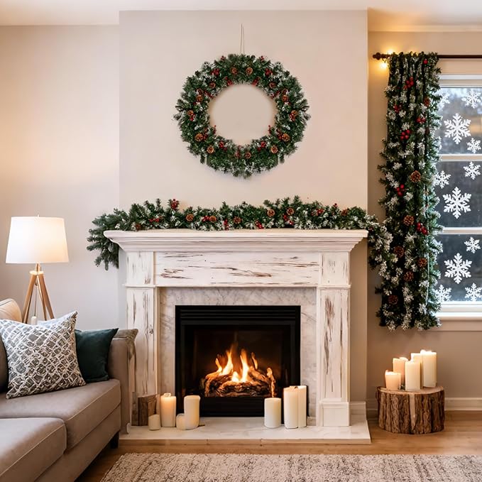 Christmas Garland with Lights, 9FT Snow Flocked Christmas Garland for Mantle, Prelit Outdoor Garlands with Red Berries and Pine Cores for Outdoor Indoor Mantle Table Stairs Fireplace Home Decor