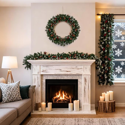 Christmas Garland with Lights, 9FT Snow Flocked Christmas Garland for Mantle, Prelit Outdoor Garlands with Red Berries and Pine Cores for Outdoor Indoor Mantle Table Stairs Fireplace Home Decor