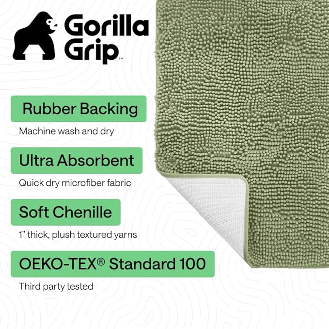 GORILLA GRIP Bath Rug Mat 60x17, Soft Absorbent Chenille, Quick Dry Microfiber Mats, Rubber Backing Washable Shower Floor Rugs, Bathmat Runner, US Designed Bathroom Home Decor Accessories Sage Green