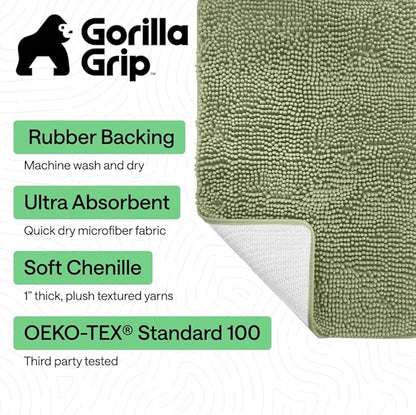 GORILLA GRIP Bath Rug Mat 44x26, Soft Absorbent Chenille, Quick Dry Microfiber Mats, Rubber Backing Washable Shower Floor Rugs, Bathmat Runner, US Designed Bathroom Home Decor Accessories Sage Green