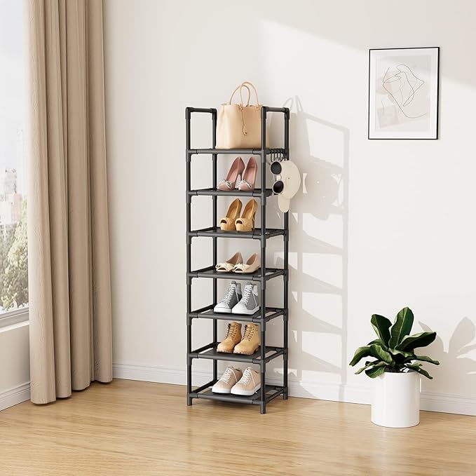 LANTEFUL Tall Shoe Rack 7 Tier Narrow Shoe Shelf Storage for 7-14 Pairs Shoe and Boot, Sturdy Shoe Storage Space Saving Corner Shoe Rack Organizer for Closet, Entryway, Living Room, Brown