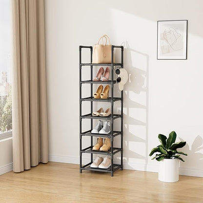 LANTEFUL Tall Shoe Rack 7 Tier Narrow Shoe Shelf Storage for 7-14 Pairs Shoe and Boot, Sturdy Shoe Storage Space Saving Corner Shoe Rack Organizer for Closet, Entryway, Living Room, Brown
