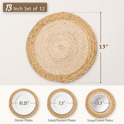 13 in Woven Placemats Plate Chargers Set of 12, Boho Farmhouse Rustic Round Place Mats for Dining Table Decor, Rattan Wicker Table Mats Chargers for Dinner Plates