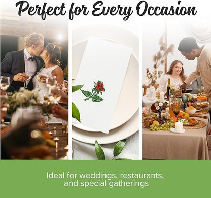SimuLinen Single Rose Dinner Napkins - Cloth-Like Linen Feel Disposable, Folded Single-use Paper Napkins for Christmas - 19"x17" - Box of 300