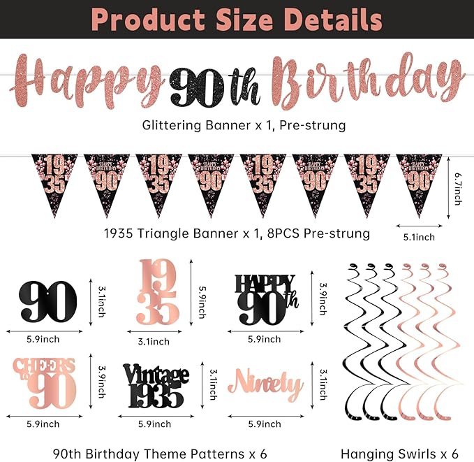 90th Birthday Decorations for Women, Black Rose Gold Happy 90th Birthday Banner Hanging Swirls Vintage 1935 Birthday Decorations Kit Cheers to 90 Birthday