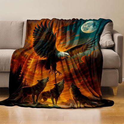 Wolf and Eagle Throw Blanket Gifts for Boys Girls Kids Adults, Bald Eagle Flannel Blankets for Travel Sofa Living Room Decor 40"x50"
