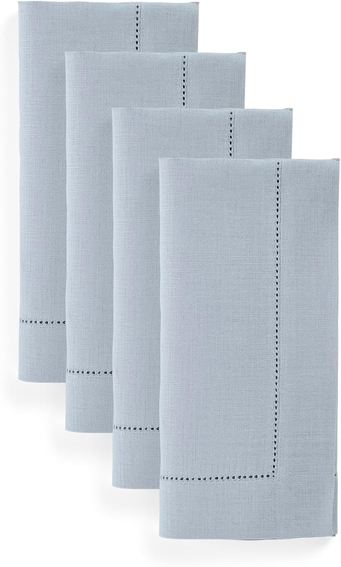 Solino Home Dusty Blue Linen Napkins Set of 4-100% Pure Linen Hemstitch Dinner Napkins 20 x 20 Inch for Fall, Autumn - Classic Hemstitch