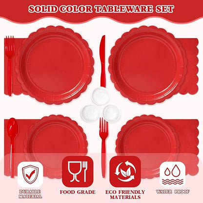 Vyntra 350 PCS Disposable Plates for Party, Paper Plates & Napkins Set with Cups, Knives, Forks, Spoons, 7'' Dessert and 9'' Dinner Plates for Birthday, Christmas, Valentine's Day - Red