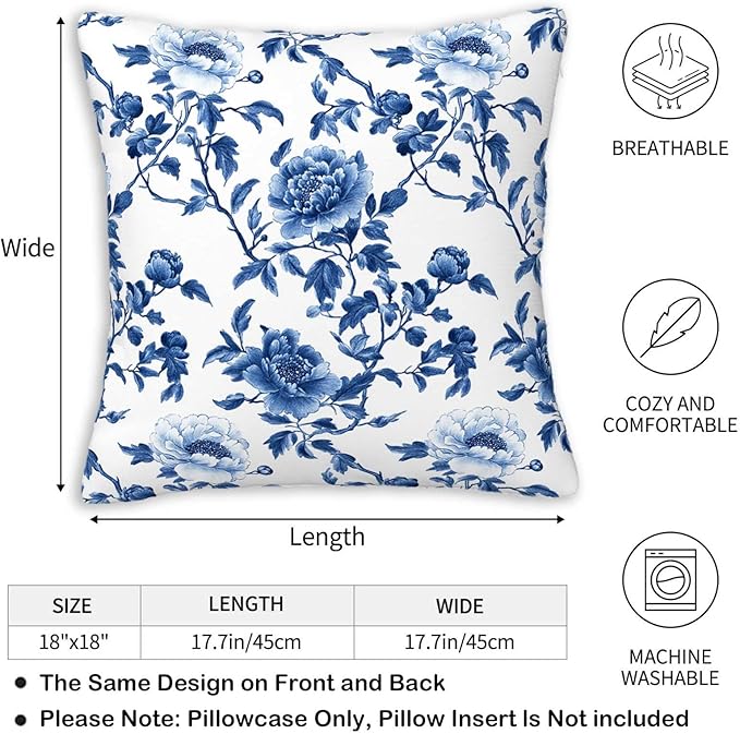 Chinoiserie Floral Throw Pillow Cover 18x18 Set of 2, Cushion Case for Couch, Sofa and Living Room, Vintage Flower Pillow Cases for Home Decor