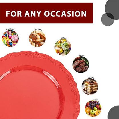 U-QE 100PCS Red Plastic Plates - Heavy Duty Plastic Disposable Party Supplies Include 50PCS 10" Dinner Plates and 50PCS 7.5" Dessert/Salad Plates for Party, Wedding