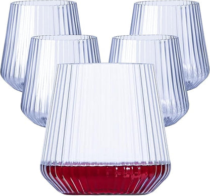 40 Pack Plastic Ribbed Wine Glasses, 14Oz Origami Disposable Wine Glasses Unbreakable Clear Plastic Cocktail Glasses Recyclable Shatterproof Reusable Wine Cups (14oz-blue-40pack)
