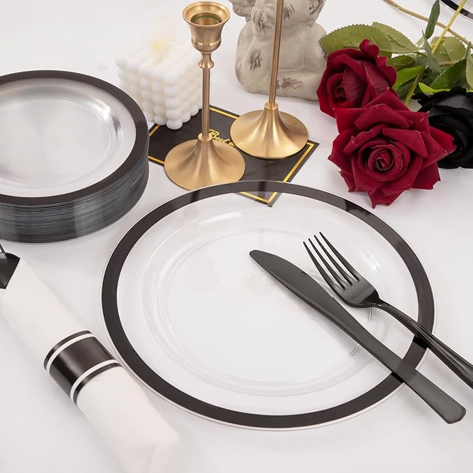 Liacere 350PCS - Clear Plates with Black Rim for 50Guests Dinnerware Include 100 Clear Plates disposable 150 Black Silverware 50 Napkins for Party&New Year
