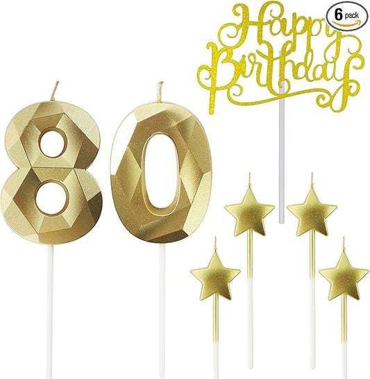 Golden Number 80 Birthday Candles and Star Birthday Candles, 2.76 inch, 3D Diamond Shaped, Suitable for Birthday Parties and Anniversary Cake Decorations