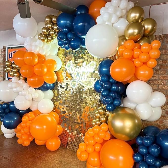 Blue and Orange Balloons Arch Kit, 162pcs Orange Navy Blue White Metallic Gold and Confetti Balloons for Graduation Baby Shower Fall Thanksgiving Birthday Party Decorations