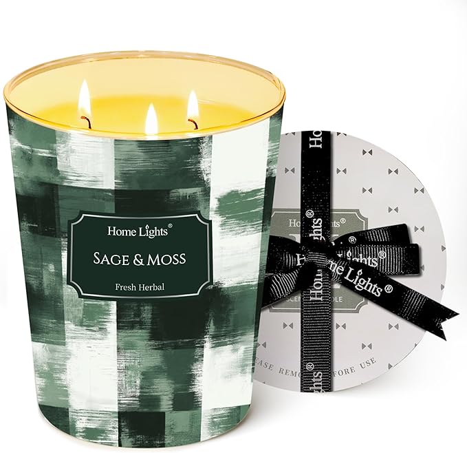 HomeLights 3-Wick Candles for Home Scented - 34oz Soy Wax Blend Candle Long-Lasting Fragrance, Scandinavian Minimalist Design Home Decor and Housewarming Gifts, Sage & Moss