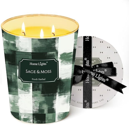 HomeLights 3-Wick Candles for Home Scented - 34oz Soy Wax Blend Candle Long-Lasting Fragrance, Scandinavian Minimalist Design Home Decor and Housewarming Gifts, Sage & Moss