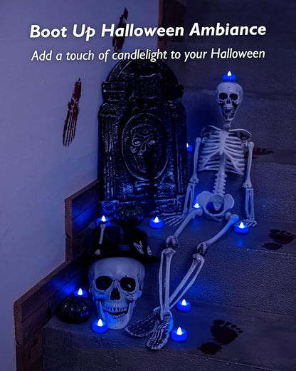 Flameless Candles, 24 Pack Tea Lights Candles Battery Operated, LED Tealight Candle, Realistic Tea Lights for Halloween Christmas Party Decor -D 1.5” x H 1.25” -Blue Candle