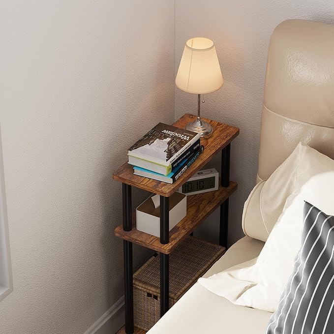 Apicizon Small Narrow Side Table, 3-Tier Skinny End Table for Small Spaces, Slim Nightstand with Storage Shelf, Bedside Table for Living Room, Bedroom, Rustic Brown and Black