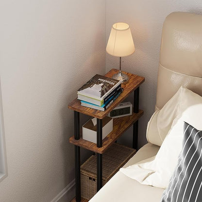 Apicizon Small Narrow Side Table, 3-Tier Skinny End Table for Small Spaces, Slim Nightstand with Storage Shelf, Bedside Table for Living Room, Bedroom, Rustic Brown and Black