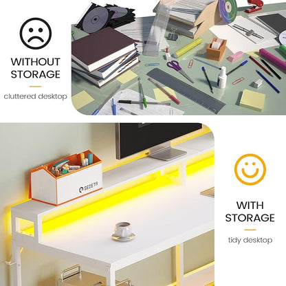 SEDETA White L Shaped Gaming Desk, 66" Home Office Desk with Wood File Drawer, Power Outlet and Led Lights, Corner Computer Desk with Monitor Shelf, Printer Storage Shelves, for Two Person