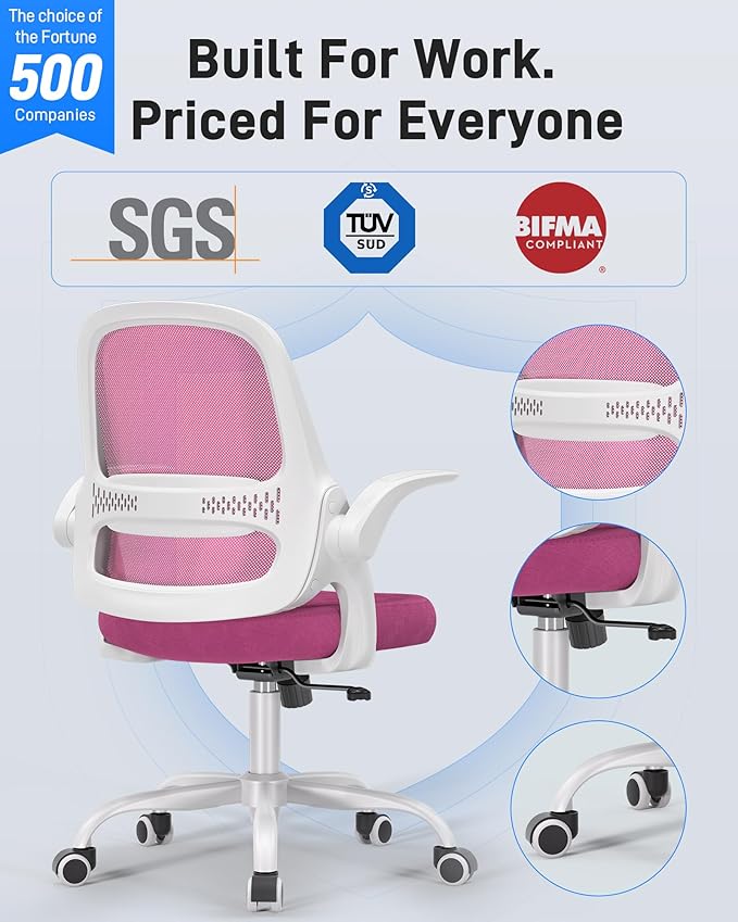 Ergonomic Mesh Office Chair for Home Office, Flip-Up Arms, Breathable Mesh Back & Thick Seat Cushion, Swivel Rolling Computer Desk Chair – BIFMA Certified, Supports 300 lbs (White Frame/Pink Seat)