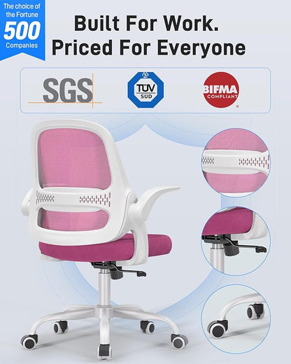 Ergonomic Mesh Office Chair for Home Office, Flip-Up Arms, Breathable Mesh Back & Thick Seat Cushion, Swivel Rolling Computer Desk Chair – BIFMA Certified, Supports 300 lbs (White Frame/Pink Seat)