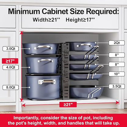 ORDORA Pots and Pans Organizer under Cabinet 14.55 Height, Adjustable 8-Tier Pot Organizers inside Cabinet, Kitchen Organizers and Storage Fit 6-11 inch Lightweight Cookware