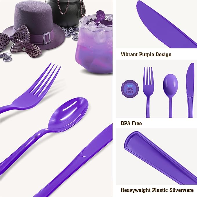 150 Pcs Purple Plastic Silverware Heavy Duty Purple Plastic Cutlery Sets Includes 50 Forks, 50 Spoons, 50 Knives Disposable for Birthday, Graduation Party, Dinner
