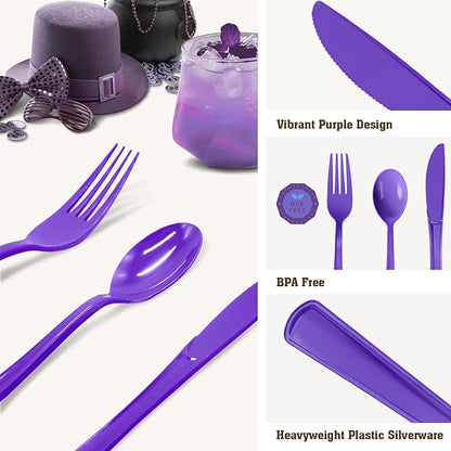 150 Pcs Purple Plastic Silverware Heavy Duty Purple Plastic Cutlery Sets Includes 50 Forks, 50 Spoons, 50 Knives Disposable for Birthday, Graduation Party, Dinner