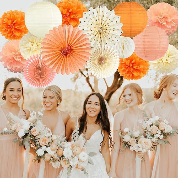 Beige Orange Peach Fall Boho Party Decorations Paper Lanterns Tissue Pom Poms Streamers Hanging Paper Fans for Autumn Harvest Birthday Thanksgiving Wedding Bridal Shower Baby Shower Party Decoration